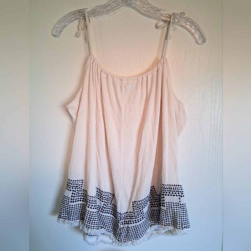 Maurices-Cream Camisole with Embroidered Accent And Fringe Hem. Size L - Picture 2 of 8